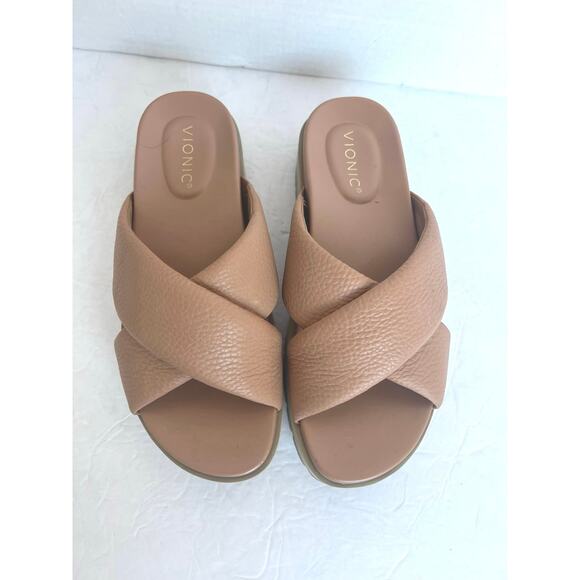 Vionic Vesta Pebbled Tan Leather CrissCross Slide On Comfort Platform Sandals 9 - Picture 4 of 11